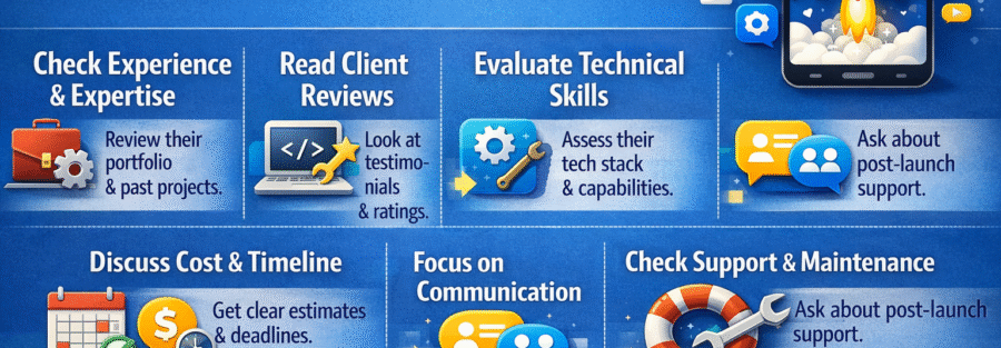 Horizontal infographic titled “How to Choose a Mobile App Development Company” with steps like experience, client reviews, technical skills, cost, communication, and support.