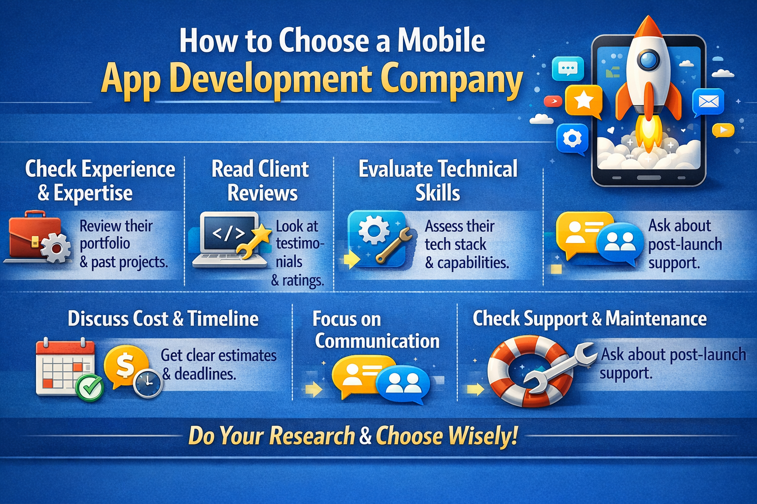 Horizontal infographic titled “How to Choose a Mobile App Development Company” with steps like experience, client reviews, technical skills, cost, communication, and support.