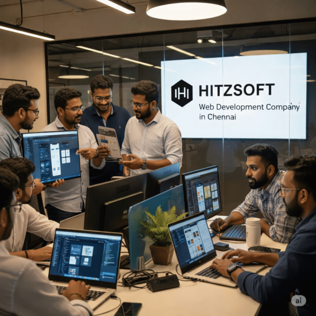 Team of developers collaborating in an office with Hitzsoft company branding on screen