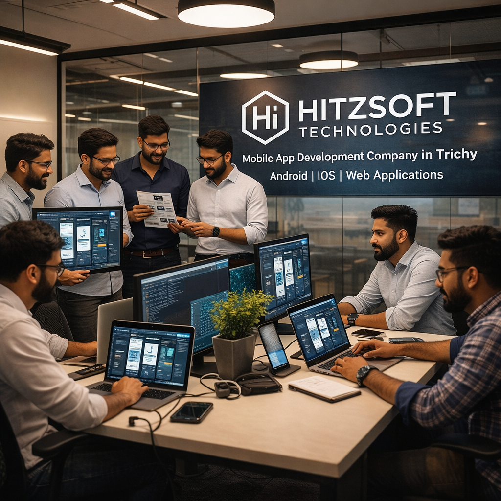 A team of software developers working in a modern office with multiple screens, featuring a Hitzsoft Technologies display that reads “Mobile App Development Company in Trichy.”